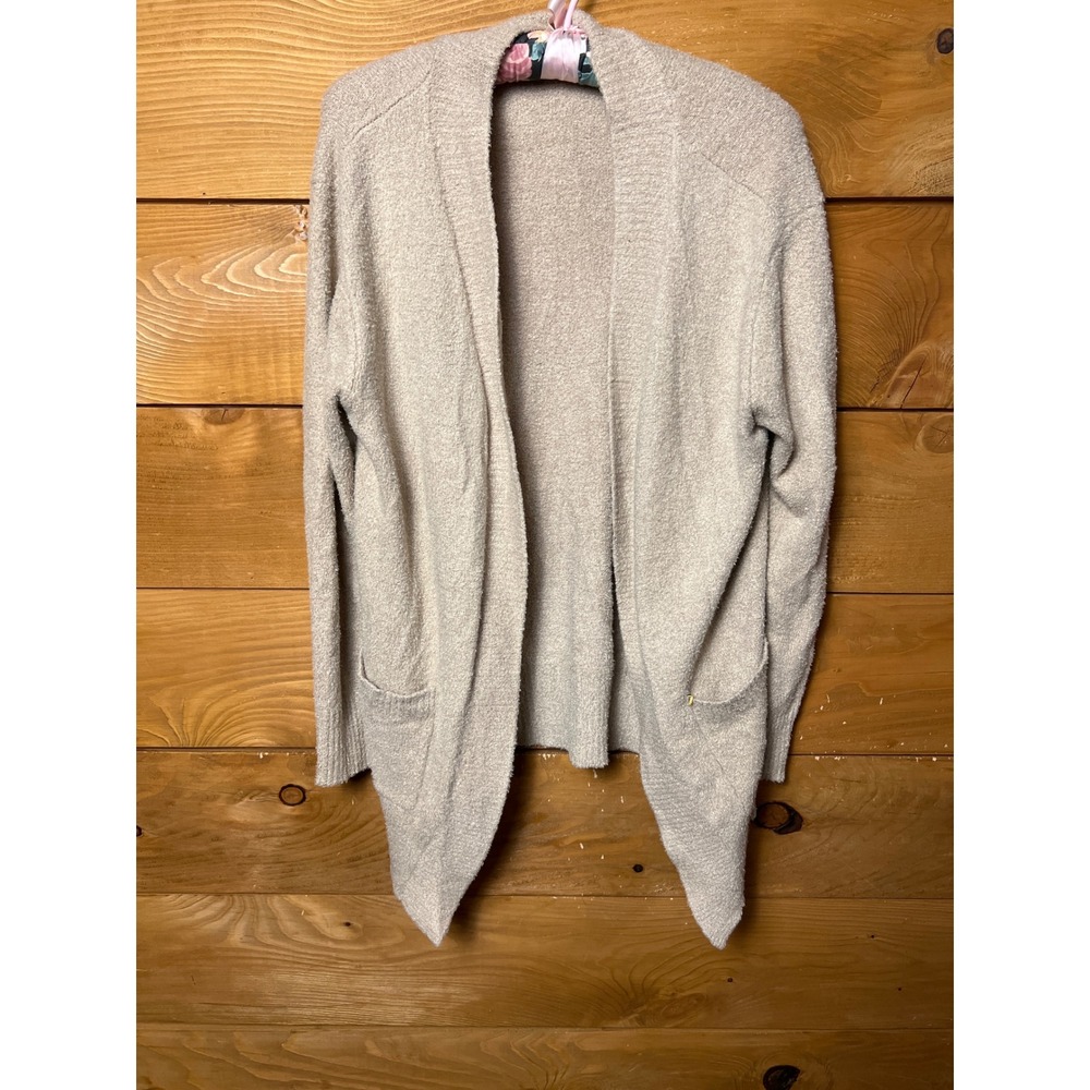 Barefoot Dreams Cozy Chic Beige Chenille Open Front Cardigan Sweater Pockets S/M
